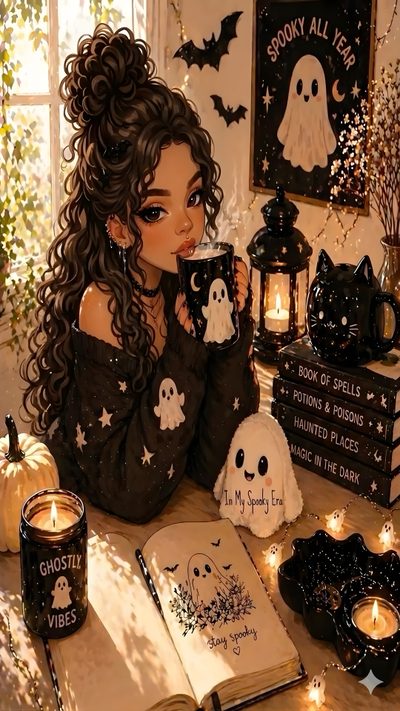 a woman sitting at a table holding a cup with candles in front of her and halloween decorations around her Halloween Girl Aesthetic Lock Screen Photo, Witchy, Butterfly, Cute Ghost, Screen Savers, saddle brown