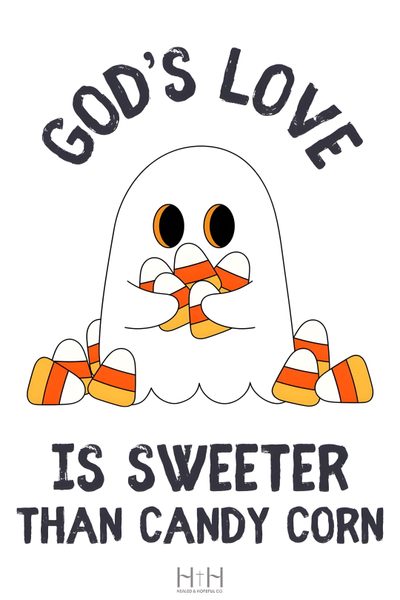 an image of a ghost with candy corn in it's mouth and the words god's love is sweeter than candy corn God Halloween Happy Halloween Christian, Christian Fall-o-ween Quotes, Love Wall Art, white