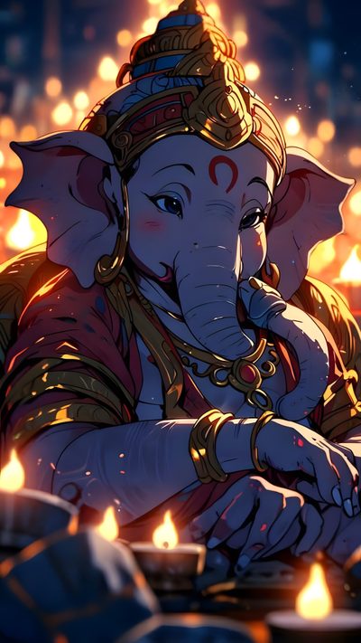there is an elephant that is sitting in front of some candles Ganesh Halloween Hindu God Art, Ganapati Aesthetic, Aesthetic Ganesha, Lord Ganesh Aesthetic, dark slate gray