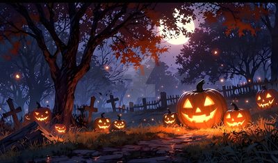 a halloween scene with pumpkins in the grass Halloween Pumpkins Non Traditional Desktop Halloween, Halloween Computer, Pc Halloween, dark slate gray