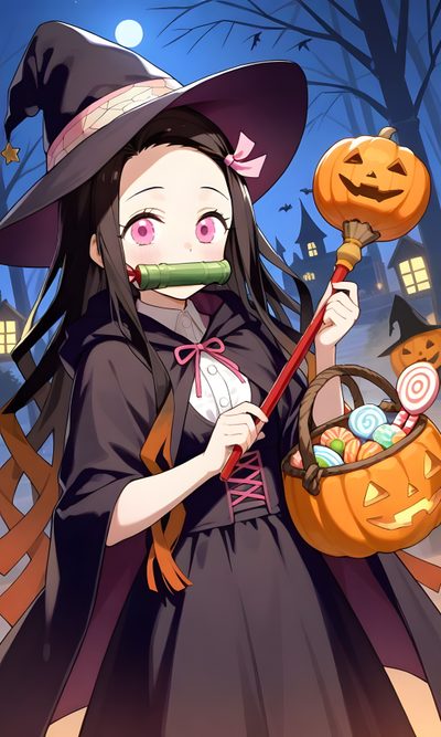 a girl dressed as a witch holding a pumpkin in her hand and wearing a hat Nezuko Kamado Halloween Alien Drawings, Anime Halloween, Demon King Anime, Anime Angel, dark slate gray