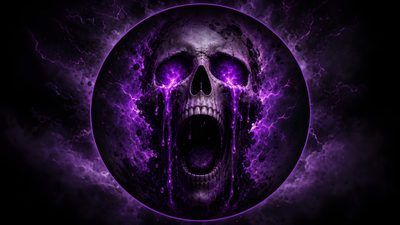 a purple skull with its mouth open in front of a black background and lightnings Halloween Skull Purple Custom Purple, black