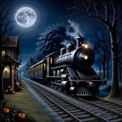 a painting of a train going down the tracks at night with full moon in background Halloween Train Old Steam Locomotive, Halloween Train Art, Train With Moonlit Background, dark slate gray