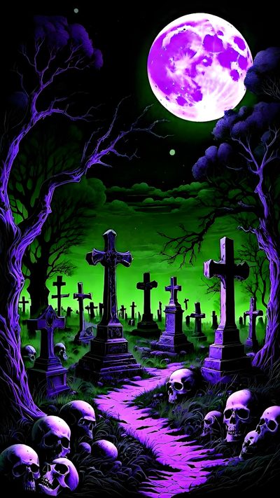 a cemetery with skulls in the foreground and a full moon in the sky above it Spooky Neon Halloween Creepy Backgrounds, Horror Artwork, Hoodie Jacket Men, Art Prompts, Halloween, black