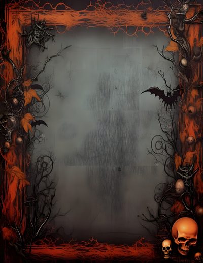 a halloween photo frame with skulls and bats Halloween Scroll Spooky Backgrounds, Halloween Blank Template, Spooky Background Printable, dark olive green
