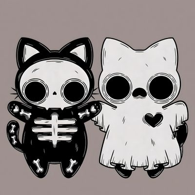two cute little cats with skeleton bones on their backs, one is black and the other is white Kitty Skeleton Halloween Cats Nghệ Thuật Kinh Dị, Tatuagem De Gato, Halloween Drawings, rosy brown