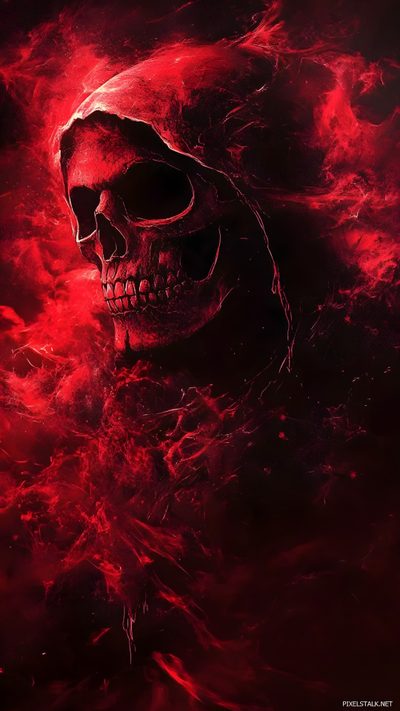 a skull in the middle of a red and black background Halloween Red Skull Red Fire Skull, Red Dark Grim Reaper, Red Reaper, Red Grim Reaper 4k, black