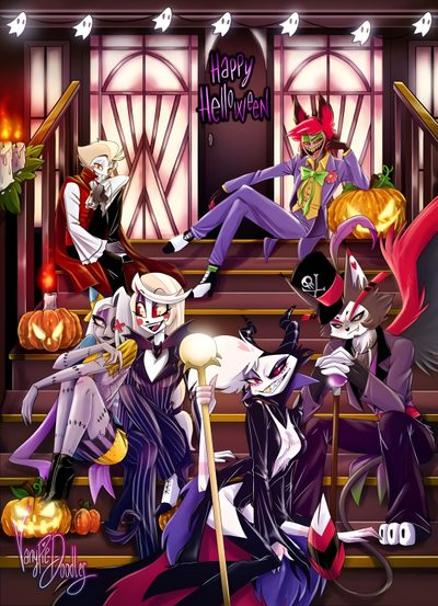 an image of some people dressed up as witches and clowns on the stairs with pumpkins Hazbin Hotel Halloween Hazbin Hotel And Helluva Boss Crossover Fanart, Hazbin Hotel Halloween Art, Halloween Hazbin Hotel, saddle brown