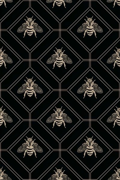 a black and white pattern with a bee on it's back, surrounded by smaller squares Halloween Bees Accent Ideas Bee Pattern Design, Black Bee, Mitchell Black Bee Peel And Stick,