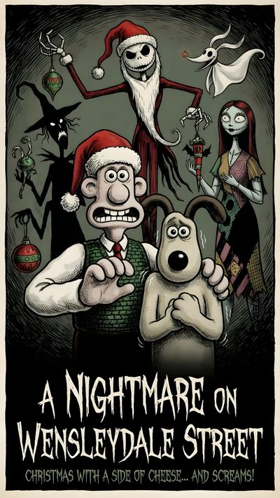a poster with an image of santa clause and other cartoon characters on the front cover Wallace And Gromit Halloween Hd Wallace And Gromit Halloween, Wallace And Gromit Posters, Wallace And Gromit, dark slate gray