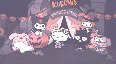 an animated halloween scene with pumpkins, ghost and other characters in front of a tent Sanrio Halloween Pastel Computar, Cute Sanrio Desktop, Halloween For Tablet, Halloween Aesthetic Ipad, gray