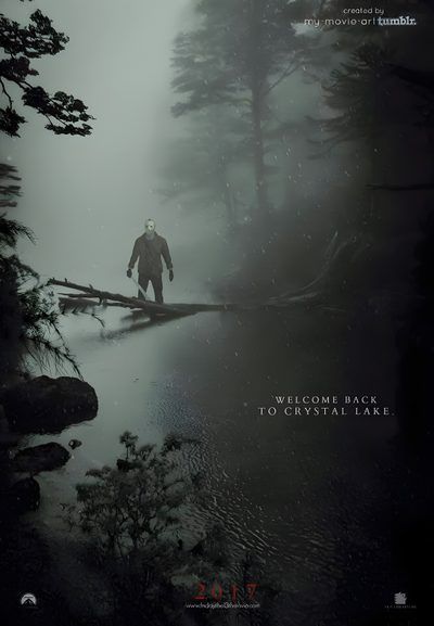 a movie poster with a man walking across a river in the woods on a foggy day Camp Crystal Lake Halloween Pohland Jason Movie Poster, Jason Movie Poster, Friday The 13th 2009, dark slate gray