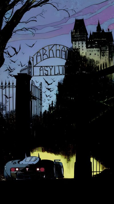 a car parked in front of a gate with bats flying over it and a castle on the other side Arkham Halloween Robin Comics, Black And Cream, Batman Comic, Detective Aesthetic, Dc Comics,