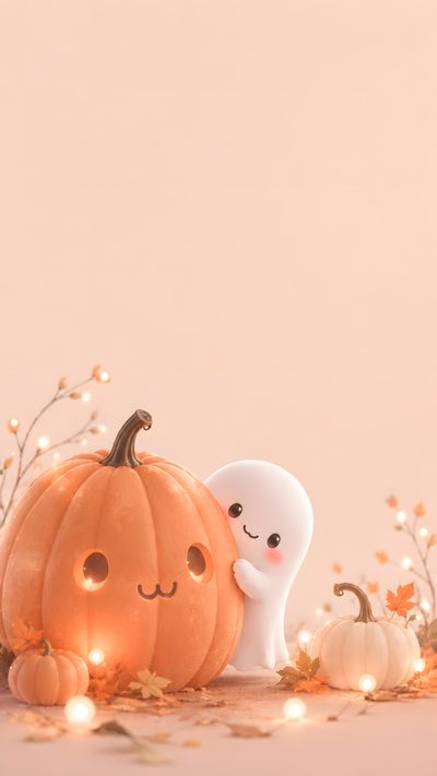 two small pumpkins sitting next to each other on a table with lights around them Halloween Cute Iphone Ghost Hug, Pumpkin, Fairy Lights Decor, Kawaii Halloween, Ghost Pumpkin, peach puff