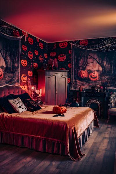 a bedroom decorated for halloween with pumpkins on the wall Halloween For Bedroom Bedroom, dark slate gray