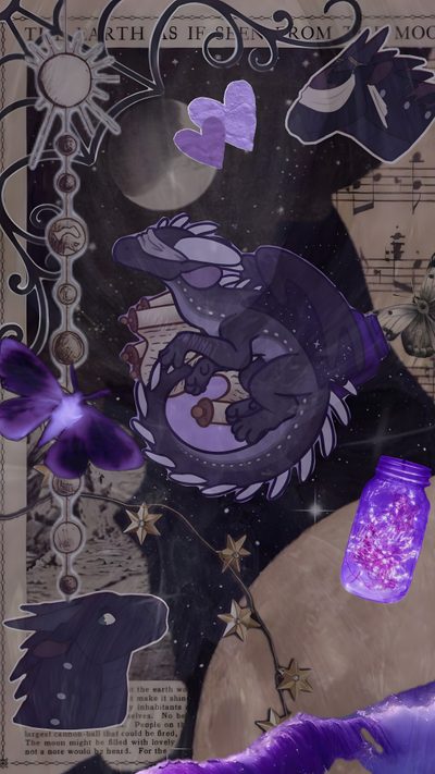 an altered collage with purple and black items on it's side, including a bottle Wings Of Fire Halloween Cute Wings Of Fire, Starflight, Starflight Wings Of Fire, dark slate gray