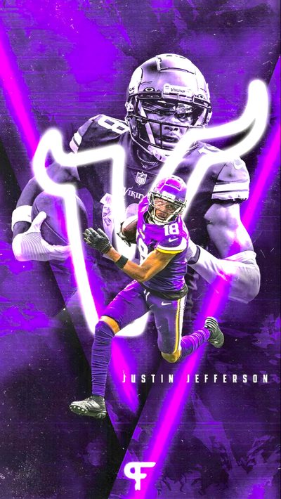 the football player is running with the ball in his hand, and has purple lights behind him Justin Jefferson Halloween Nfl Justin Jefferson, Justin Jefferson Aesthetic, Justin Jefferson Iphone, dark slate blue