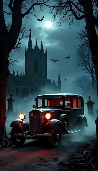 an old car parked in front of a castle at night with bats flying over it Halloween Car Ghost Car, Haunted Car Drawing, Haunted Cars, Haunted Mansion With Classic Cars, dark slate gray