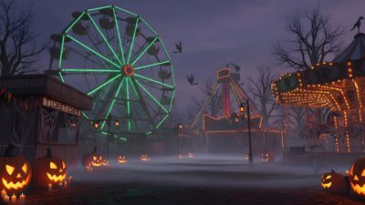 an animated halloween scene with pumpkins and ferris wheel Halloween Roller Coaster Halloween Aesthetic Desktop, Halloween Town Background, Halloween Roller Coaster, dark slate gray