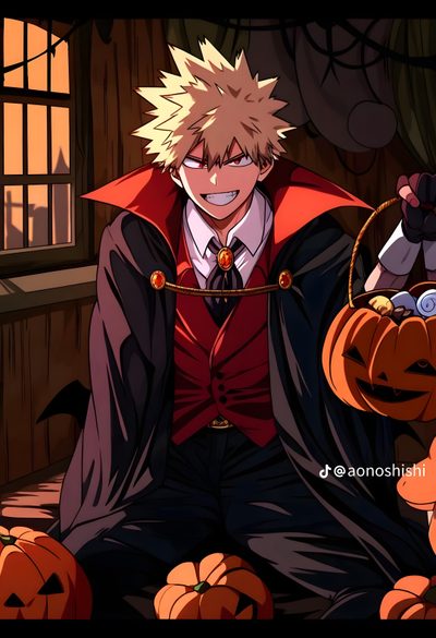 an anime character sitting on the ground with pumpkins in front of him and holding a knife Bakugou Halloween Halloween Bakugou Fanart, Bakugou Halloween, Bakugo Vampire, black