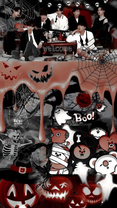 a group of people sitting around a table covered in halloween decorations Bts Halloween K Pop Halloween, Aesthetic Halloween Boys, Saja Boys Halloween, Halloween Boy, dark slate gray