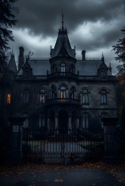 an old house is lit up at night with the dark clouds in the sky behind it Halloween Haunted Hotel Vampire Home, Goth Mansion Aesthetic, Spooky Manor Aesthetic, black