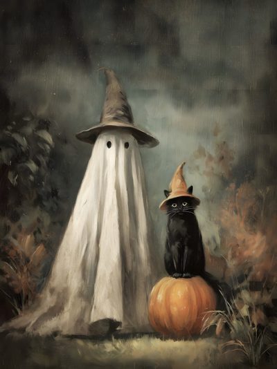 a black cat sitting on top of a pumpkin next to a white ghost wearing a hat Vintage Halloween Cat Photo Halloween, Halloween Bathroom, Art Halloween, Halloween Vintage, dark olive green