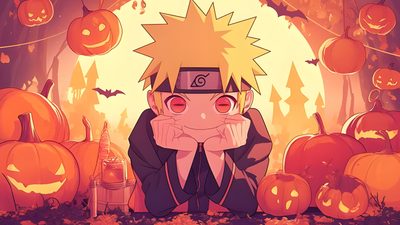 an anime character sitting in front of pumpkins Naruto Halloween Pikachu Halloween, Fall Anime Desktop, Pumpkin For Computer, indian red