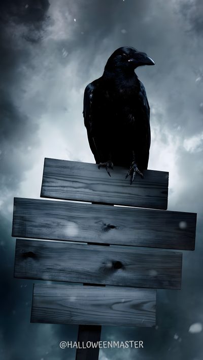 a black bird sitting on top of a wooden sign in front of a cloudy sky Halloween Crow Dark Custom Scary Crow, Scary Dog Background, Halloween Crow, Spooky Crow, dark slate gray