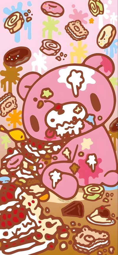 a pink teddy bear surrounded by donuts and other food items on a table with sprinkles all over it Gloomy Bear Halloween Gloomy Bear Phone Theme, Tokidoki, Gloomy Bear Iphone, Gloomy Bear Lockscreen, tan