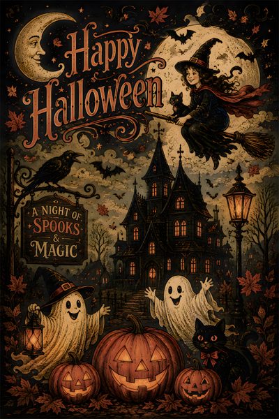a halloween poster with pumpkins and ghost on it Vintage Halloween Art Vintage Halloween Art, Vintage Witch Art, Halloween Party Diy, black