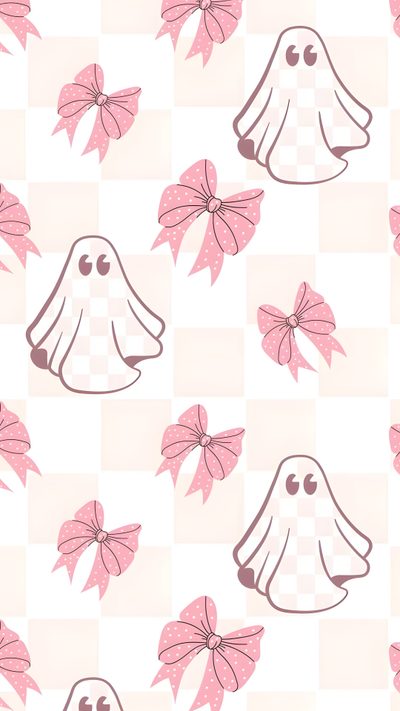 a pattern with pink bows and ghost heads on checkerboard background for wallpaper Pink Coquette Halloween Pink Halloween, Autumn Phone, October, Iphone Preppy, seashell