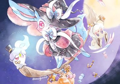 an image of a cartoon character flying in the sky with many other characters around him Halloween Sylveon Hd Vampire Sylveon, Pokemon Sylveon Tea, Mimikyu And Sylveon, Fairy Sylveon, silver