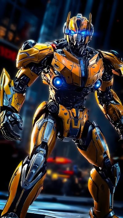 a yellow and black robot standing in the middle of a dark city with lights on Transformers Halloween Transformers, Iron Man, Instagram, Manga, black