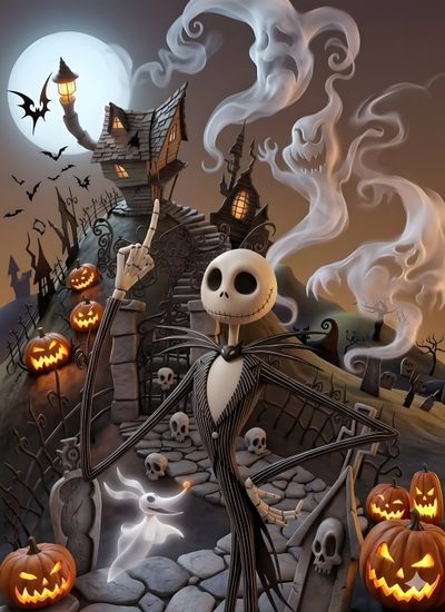 a halloween scene with jack skellingy and pumpkins This Is Halloween Nightmare Before Christmas Nightmare Before Christmas Quotes, Jack Nightmare Before Christmas, Wall Jack, dark olive green