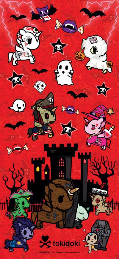 a red background with various cartoon characters on it and bats flying over the top of them Tokidoki Halloween Tokidoki Iphone, Tokidoki, Tokidoki Phone, Tokidoki Unicorno Art, crimson