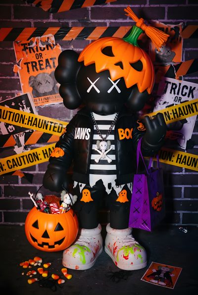 a black bear dressed up as a skeleton and holding two pumpkins Halloween Kaws Hypebeast Room, Cool, Halloween, black