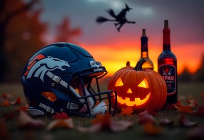 a football helmet sitting on top of a field next to two bottles of booze Denver Broncos Halloween Denver Broncos, Broncos, Denver, Dallas Cowboys, Pittsburgh, dark slate gray