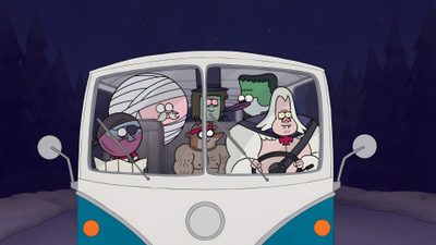 an image of people riding in the back of a bus with cartoon characters on it Regular Show Halloween Regular Show Halloween Episodes, Regular Show Halloween, Regular Show Cool Bikes, dark slate gray