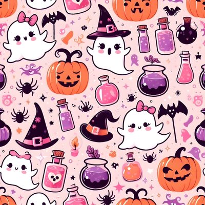 halloween seamless pattern with ghost, pumpkins and booze bottles on pink background Pink And Purple Halloween Halloween Images Cute, Cute Pink Halloween, Cute Halloween, misty rose