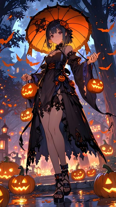 a woman holding an umbrella in front of pumpkins Anime Halloween Anime Witch, Anime Halloween, Zombie Disney, Cute Animal Drawings Kawaii, dark olive green