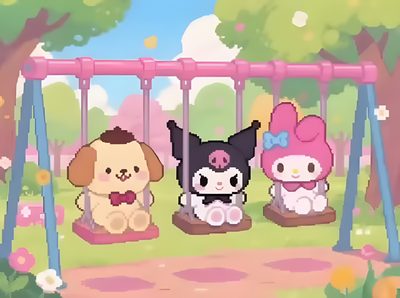 three cartoon characters sitting on swings in the park Hello Kitty And Friends Halloween Gif Hello Kitty Items, Sanrio Characters, Hello Kitty, Kitty, Japan, tan