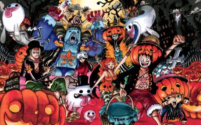 a group of cartoon characters with pumpkins and jack - o'- lanterns in the background One Piece Halloween 4k The Strawhat Crew, Luffy Halloween, One Piece Halloween, saddle brown