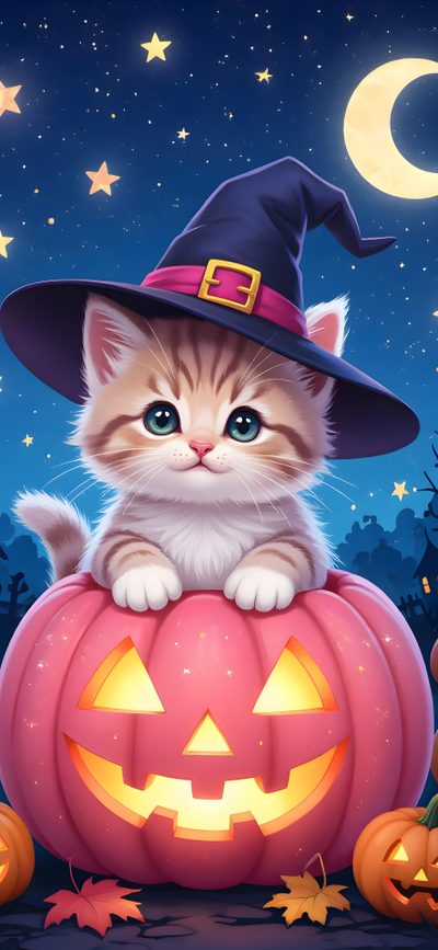 a kitten wearing a witches hat sitting on top of a pumpkin in front of a full moon Halloween Kittens Telephone, Happy Halloween Pictures, Pumpkin, Halloween Iphone Backgrounds, dim gray