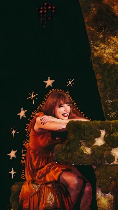 a woman in an orange dress is sitting on a bench with her arms around her neck Halloween Taylor Swift Taylor Swift, Taylor Swift Eras Illustration, Folklore Illustration Taylor Swift, black