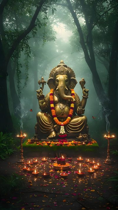 an elephant statue sitting in the middle of a forest with candles around it and lights on the ground Ganesh Halloween Ganpati Baground Hd, Ganpati Bappa Black Background, Ganpati Bappa Poster Background, dark slate gray