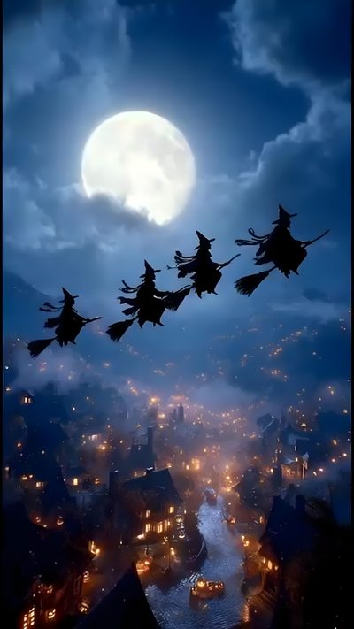 a group of people riding on the back of a sleigh in the sky Halloween Live Gif Witches On A Broom, Witch Broom, Witches In The Sky, Witch Flying At Night, dark slate gray