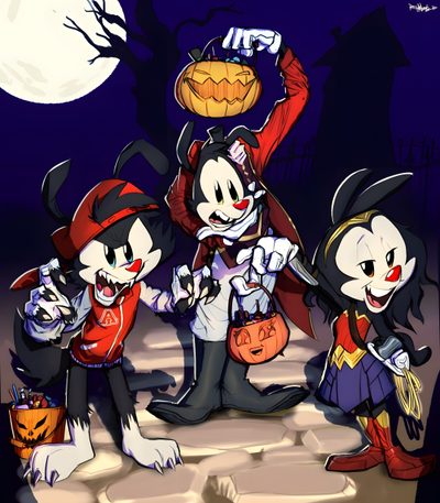 three cartoon characters dressed up in halloween costumes Halloween Animaniacs Bunnicula Fanart, Animaniacs Art, The Animaniacs Fanart, dark slate gray