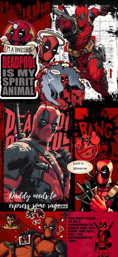 deadpool and the other characters in deadpool spirit animal comic book covers, with red background Deadpool Halloween Deadpool, Deadpool 4k, Aesthetic, maroon