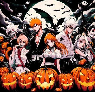 anime characters with pumpkins in front of a full moon Bleach Halloween Yoruichi Halloween, Bleach Halloween Pfp, Ichigo Halloween, saddle brown